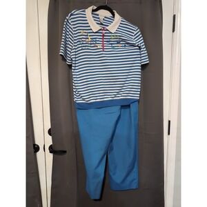 Koret Francisca Women's 2-Piece Set, Blue & White Embroidered Top, Size 16 Pants